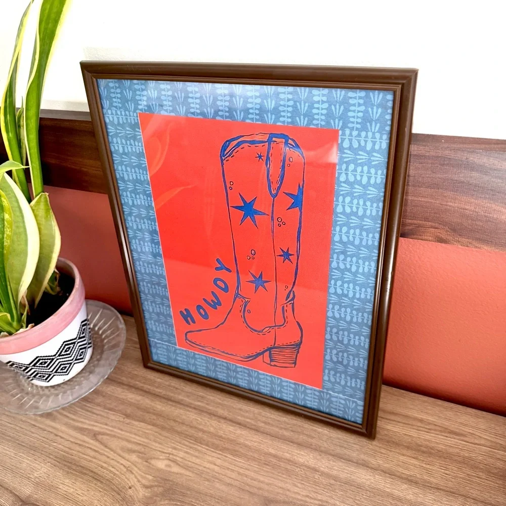 Howdy Cowboy Boot Retro Vintage Style Orange Blue Canvas Art Print Framed Art